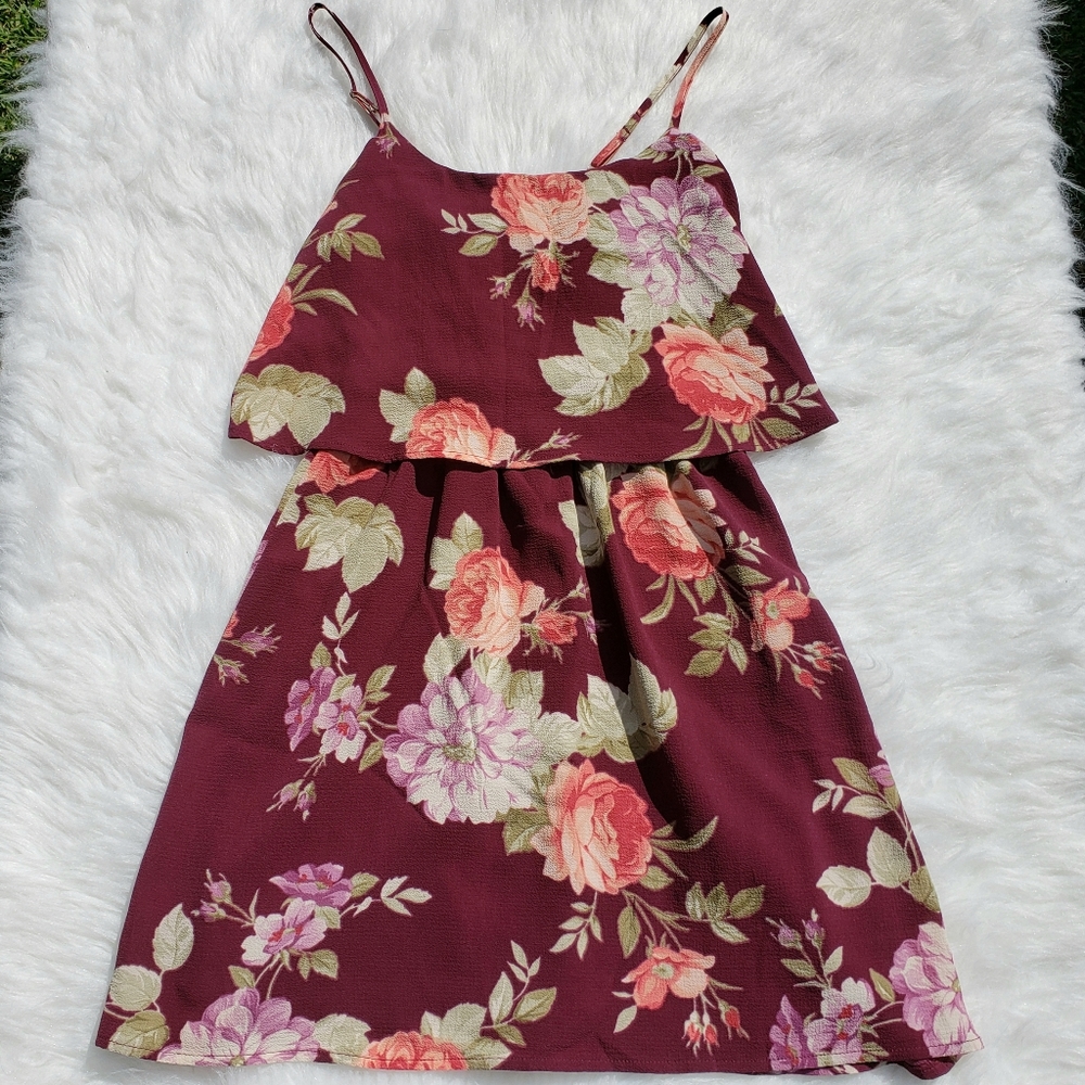 Burgundy Rose Print Dress